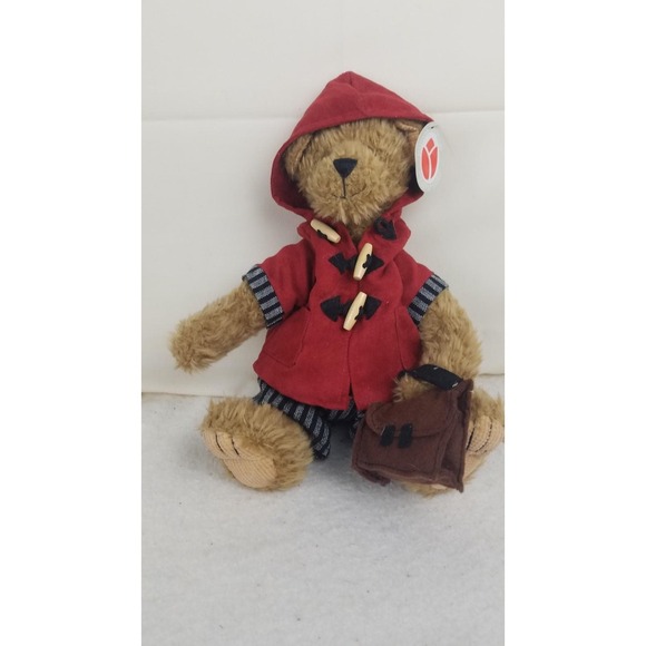 Plush bear Delton vntg red coat striped accents carrying case jointed sitting - Picture 1 of 8